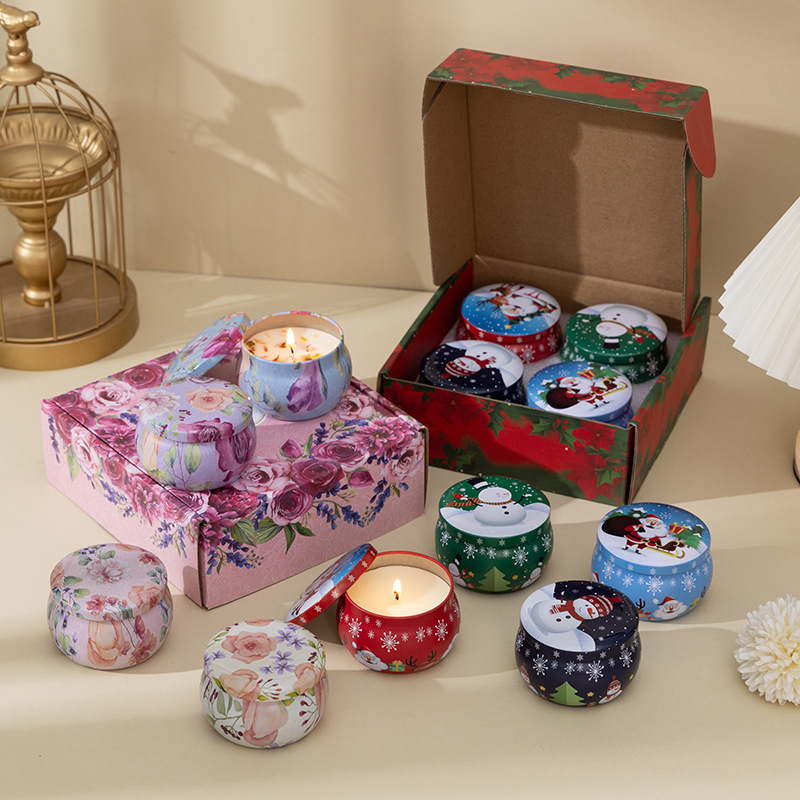 Home Fragrance No 4 - ชุดของขวัญเทียนหอมกลิ่นคริสต์มาส สไตล์ชาติพันธุ์ เทียนหอมอโรมาเธอราพีจากขี้ผึ้งถั่วเหลืองไร้ควัน ชุด 4 ชิ้น